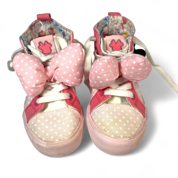 Disney Minnie Mouse Sneakers Girls Sz 13 Pink Polka‎ Dot High Top Bow Shoes - Picture 1 of 16